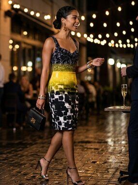 Calvin Klein Abstract Ombre Sheath Dress Black Yellow White Size 4 Crisscross